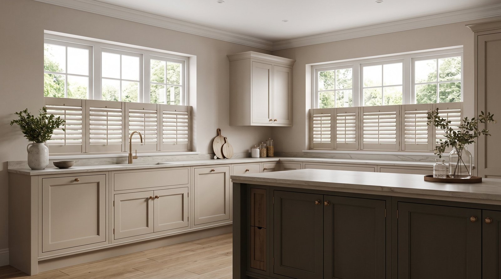 Luxury Kitchen Garden View &mdash; Cafe Style Shutters