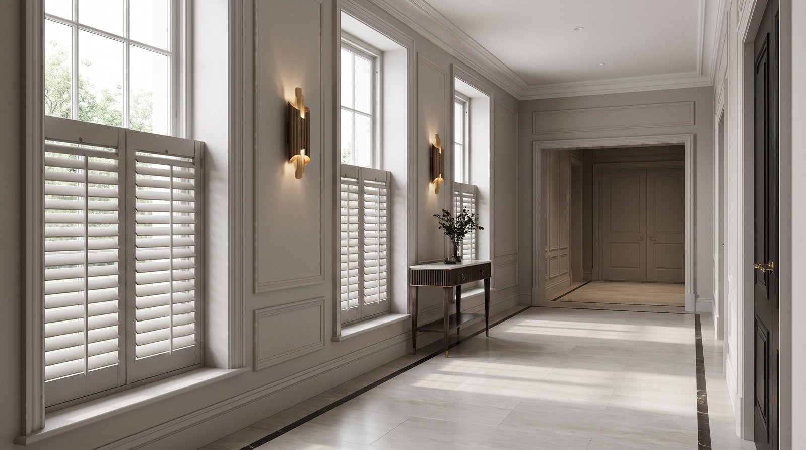 Contemporary Hallway Window Feature &mdash; Cafe Style Shutters