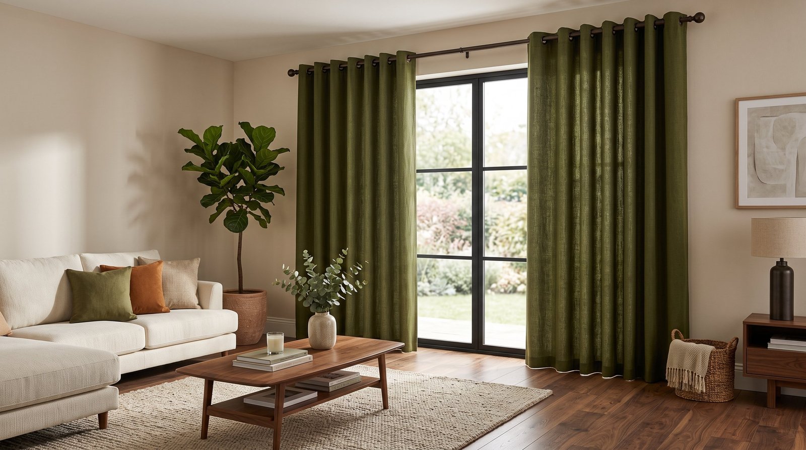 Contemporary Living Room With Olive Green Eyelet Curtains &mdash; Eyelet Curtains