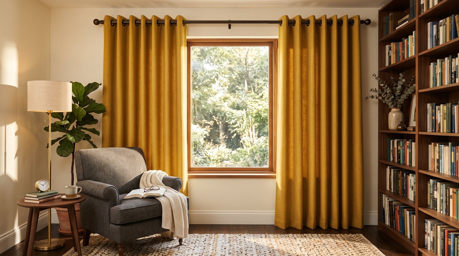 Cozy Reading Room With Mustard Yellow Eyelet Curtains &mdash; Eyelet Curtains