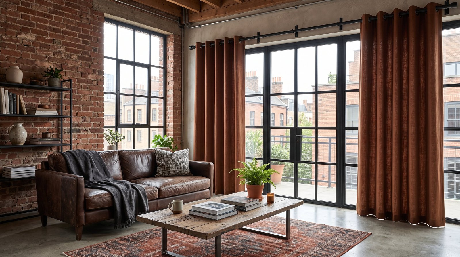 Industrial Loft With Rust Brown Eyelet Curtains &mdash; Eyelet Curtains