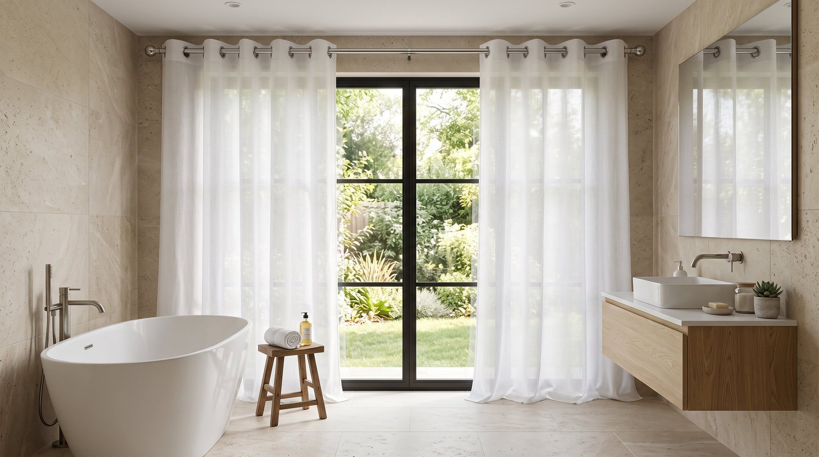 Minimalist Bathroom With White Eyelet Curtains &mdash; Eyelet Curtains
