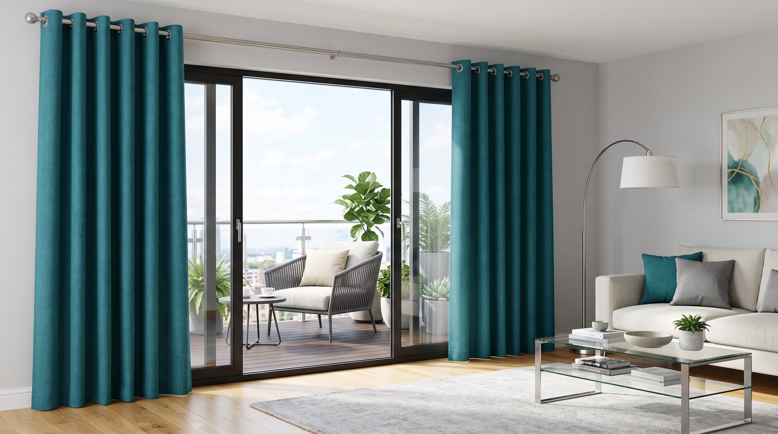 Modern Balcony With Teal Eyelet Curtains &mdash; Eyelet Curtains