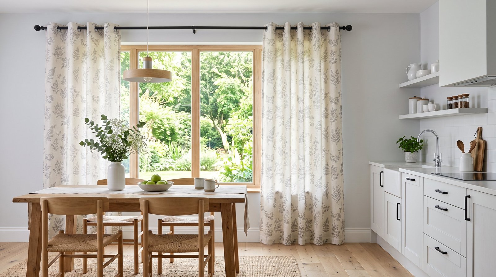 Scandinavian Kitchen With Patterned Eyelet Curtains &mdash; Eyelet Curtains