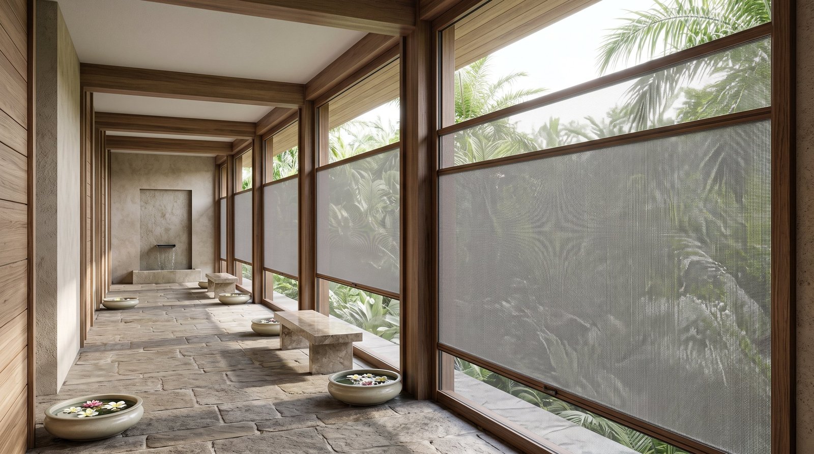 Jungle Retreat Spa Corridor &mdash; Fly Screen Blinds