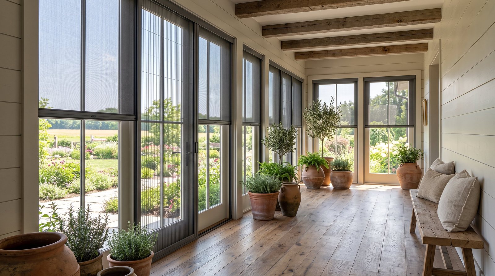 Modern Farmhouse Sunroom Passage &mdash; Fly Screen Blinds