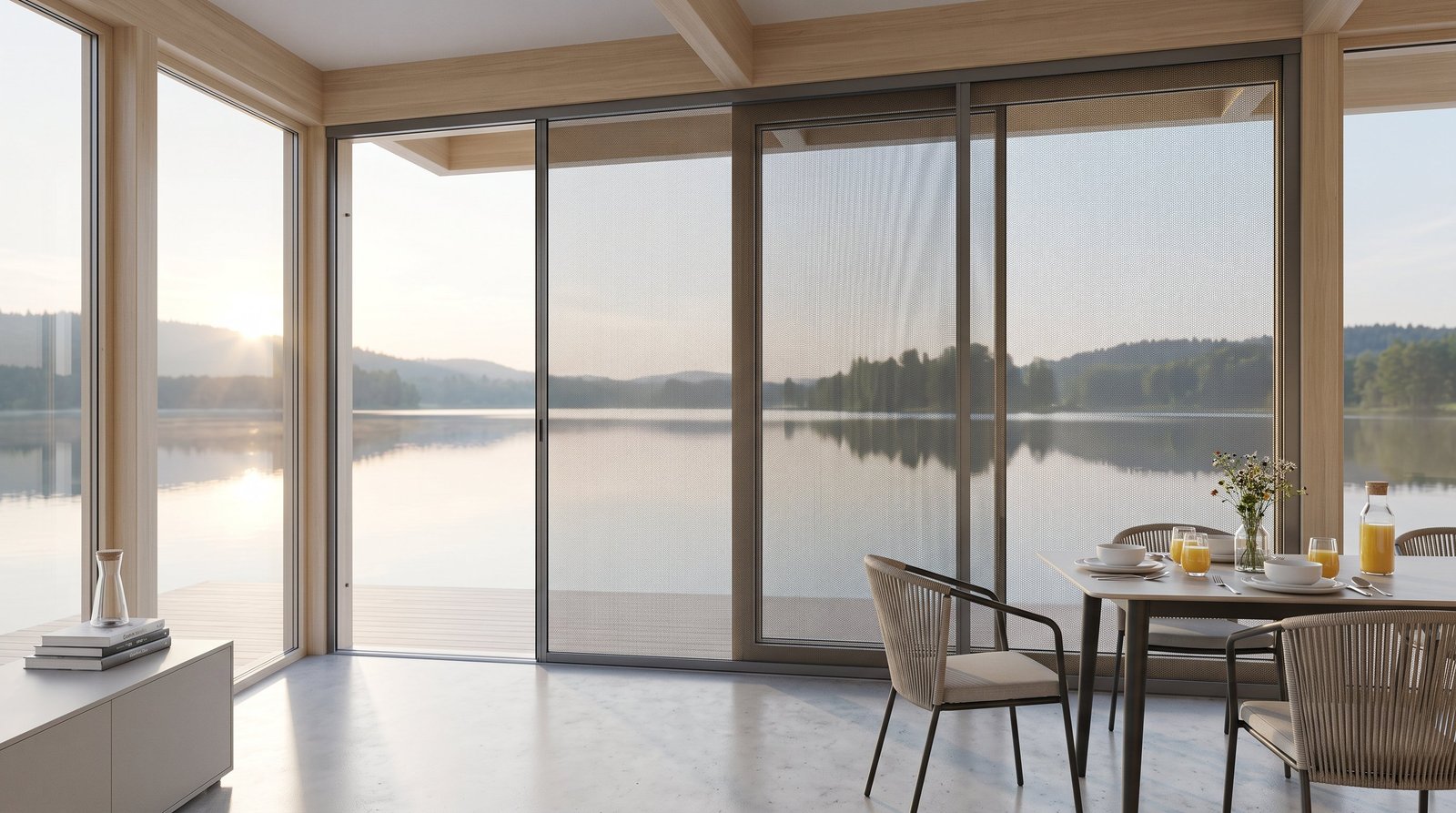 Modern Lakeside Breakfast Pavilion &mdash; Fly Screen Blinds