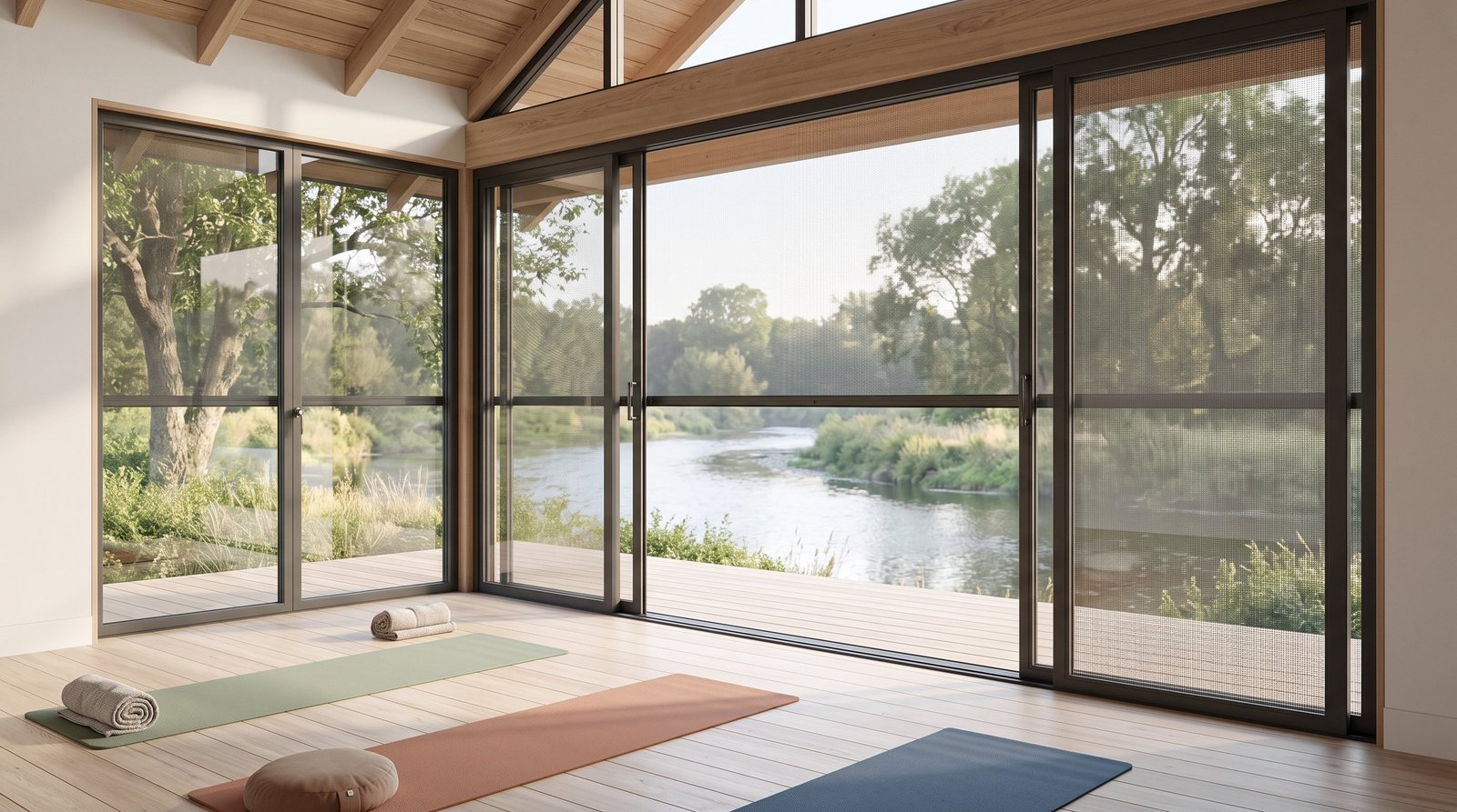 Riverside Yoga Deck Pavilion &mdash; Fly Screen Blinds