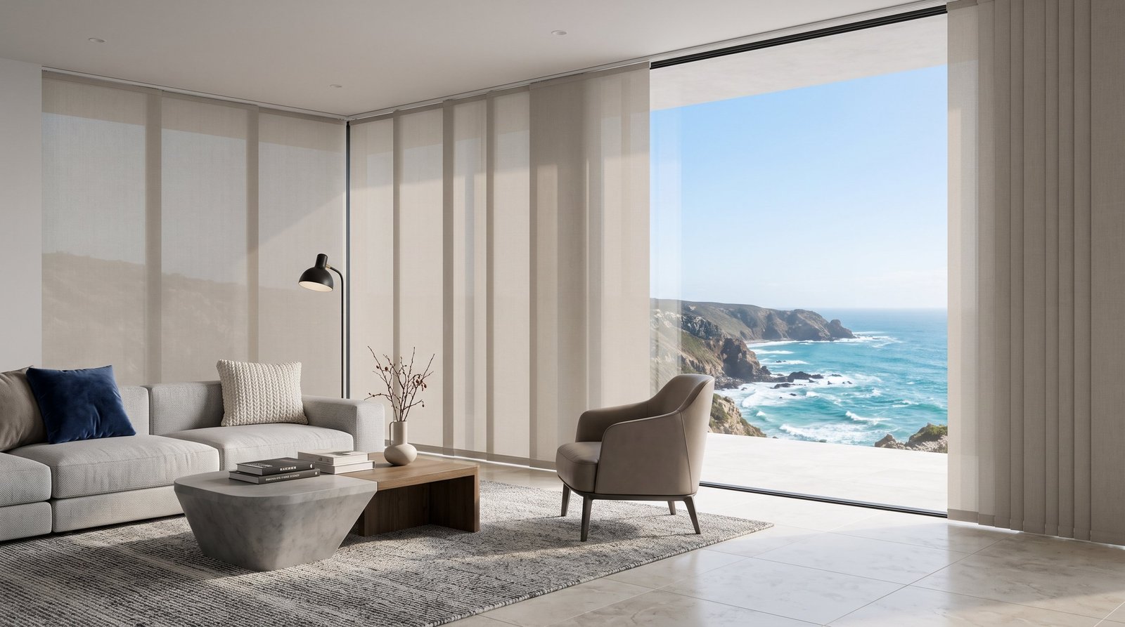 Cliffside Glass Villa Living Room — Panel Blinds