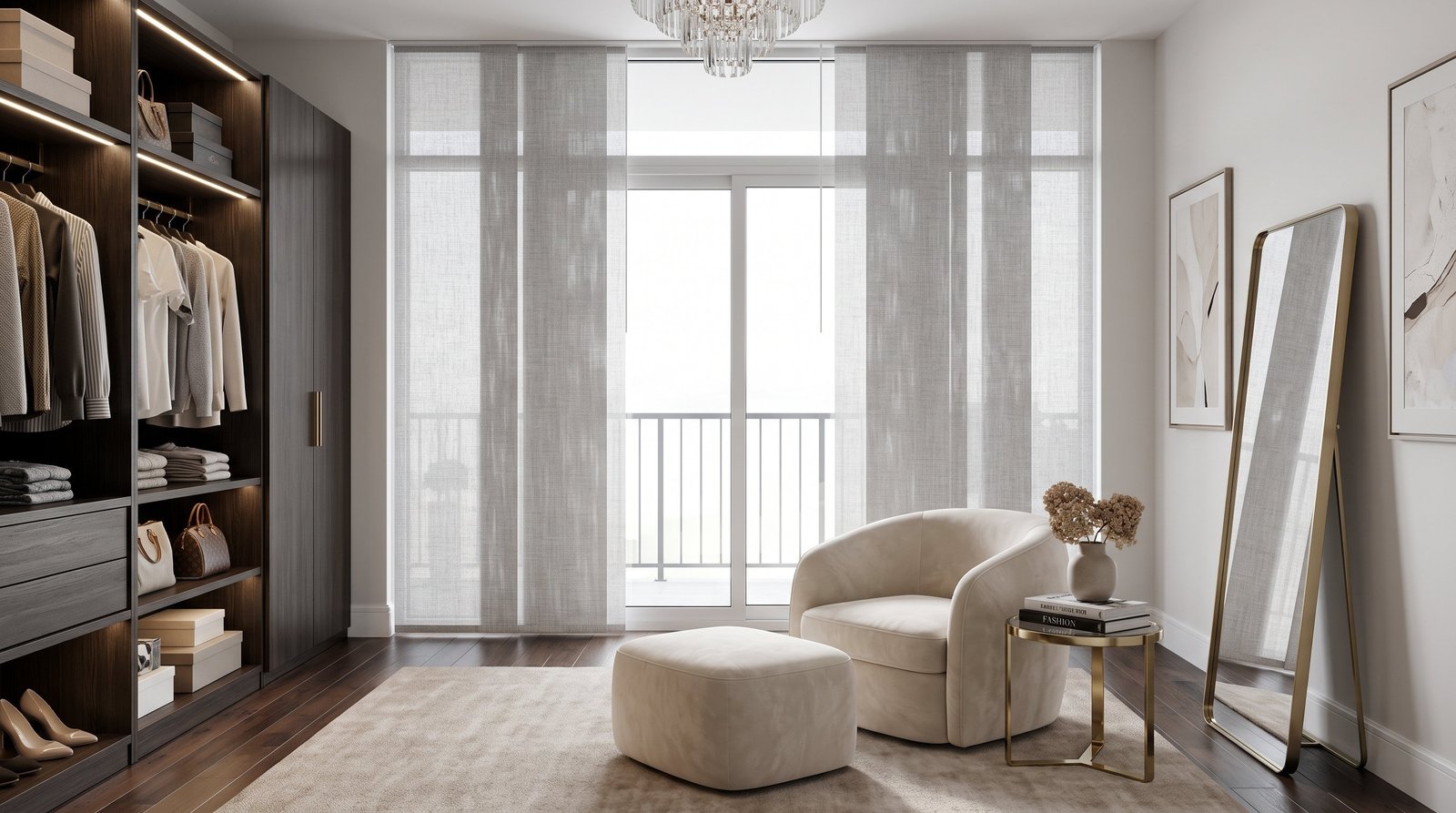 Designer Walk-In Closet Lounge — Panel Blinds