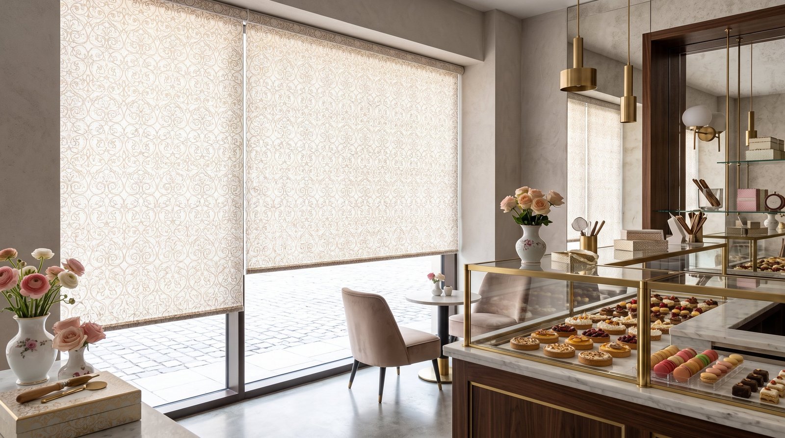 Boutique Pastry Display Room — Printed Blinds