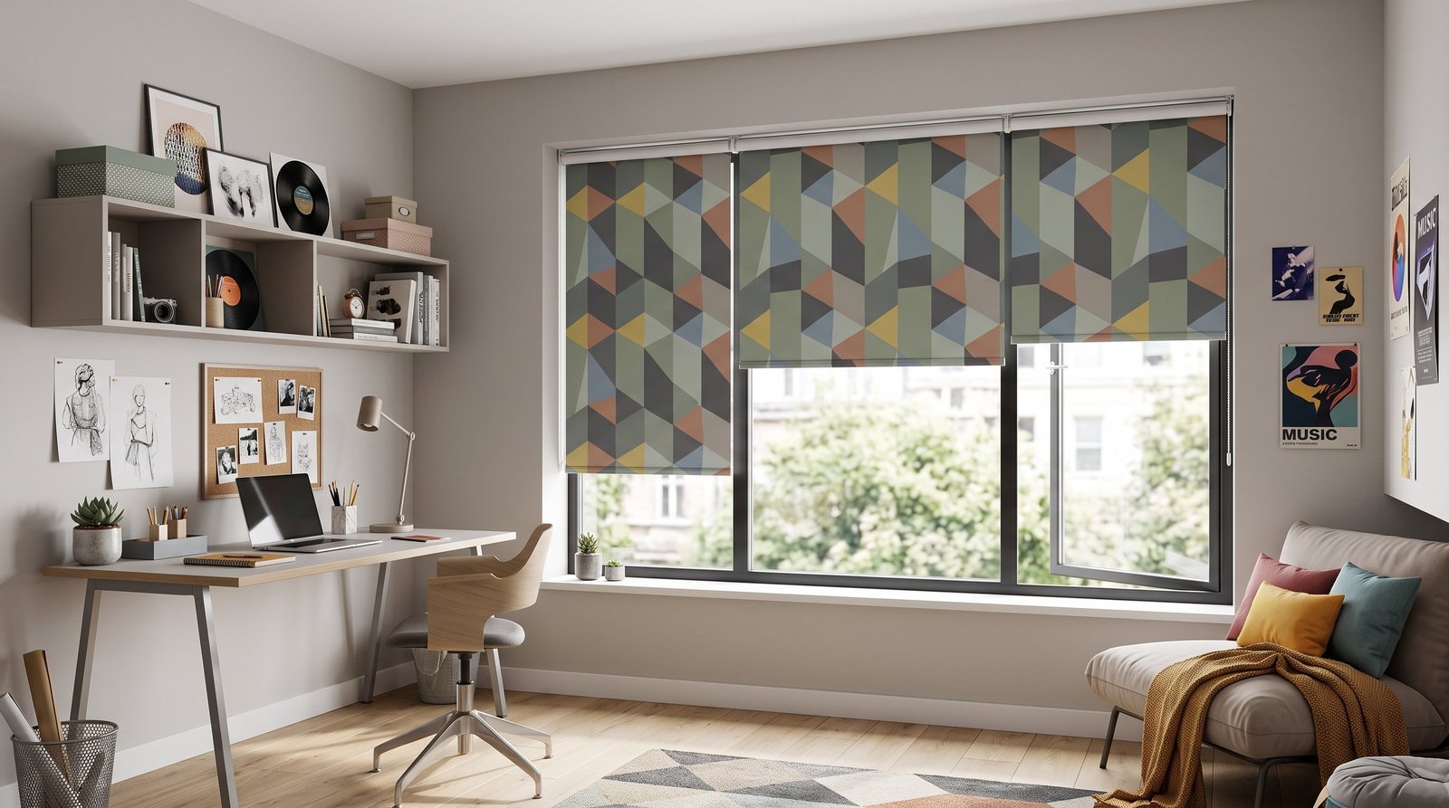 Modern Teen Study Studio — Printed Blinds