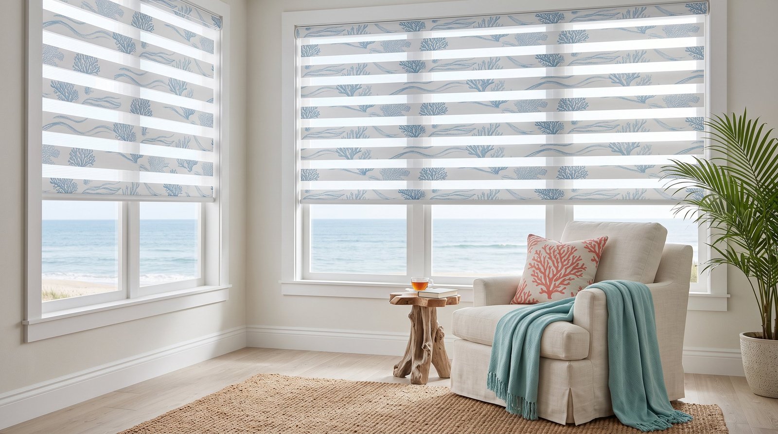Modern Coastal Reading Nook &mdash; Printed Duplex Blinds