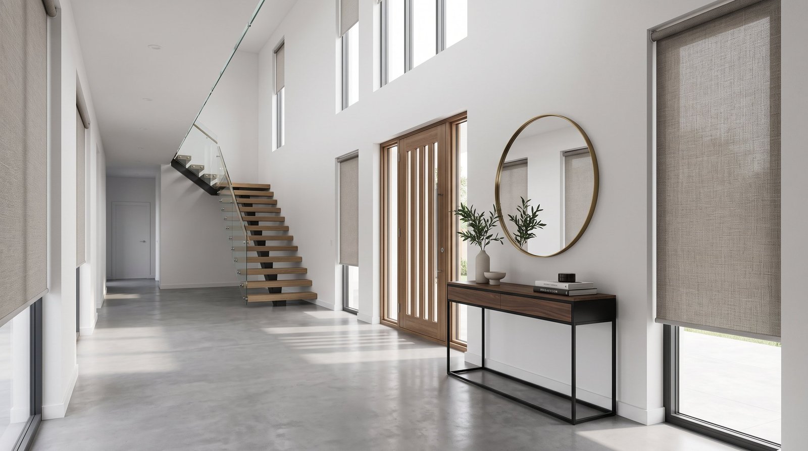 Modern Entryway with Tall Windows — Roller Blinds