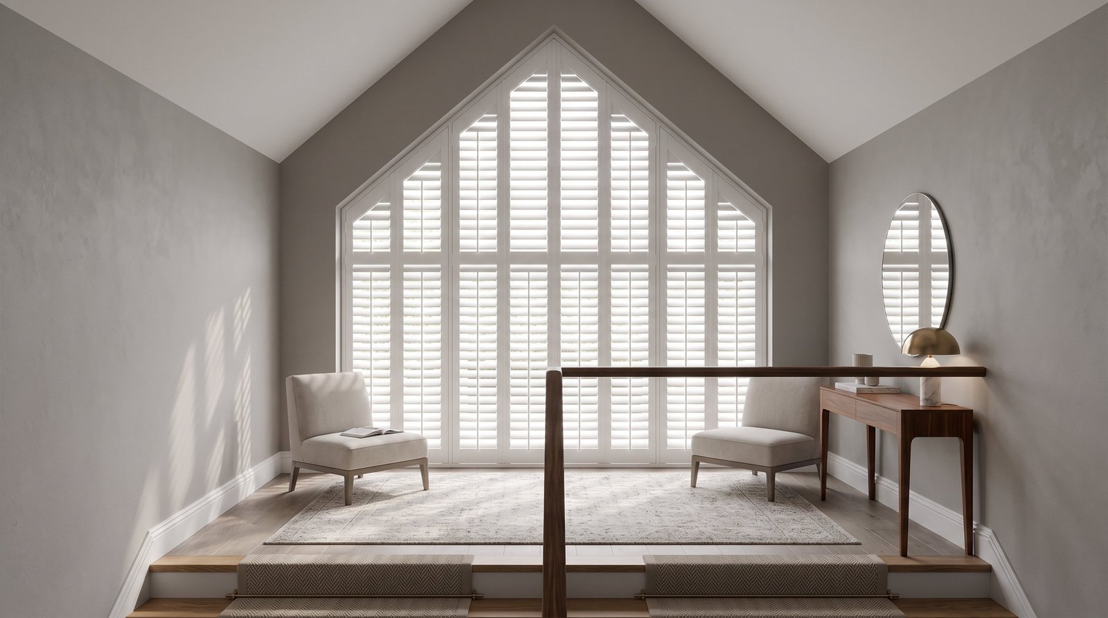 Premium Staircase Landing With Angled Window &mdash; Shaped Shutters